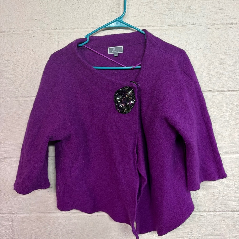 JM Collection Purple Jeweled Brooch Cropped Cardigan Sweater Large‎ Asymmetrical